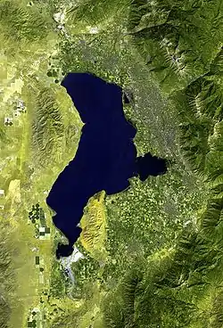 Satellite view of Goshen Valley, Utah Lake, and Utah Valley region(Oquirrh Mountains-photo northwest)