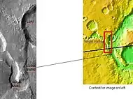 The long channel Nirgal Vallis is shown where it connects to Uzboi Vallis. The crater Luki is 21 km in diameter.