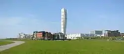 Panorama of Västra hamnen, seen towards northeast from Ribersborgsstranden, Turning Torso at the center