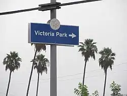 Victoria Park sign located at the intersection of Pico Boulevard & Windsor Boulevard.