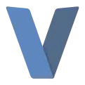 A capitalized letter V colored blue