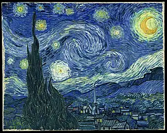  A landscape in which the starry night sky takes up two-thirds of the picture. In the left foreground a dark pointed cypress tree extends from the bottom to the top of the picture. To the left, village houses and a church with a tall steeple are clustered at the foot of a mountain range. The sky is deep blue. In the upper right is a yellow crescent moon surrounded by a halo of light. There are many bright stars large and small, each surrounded by swirling halos. Across the centre of the sky the Milky Way is represented as a double swirling vortex.