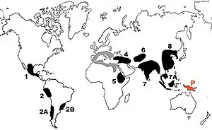 Image 43Centres of origin identified by Nikolai Vavilov in the 1930s. Area 3 (grey) is no longer recognised as a centre of origin, and Papua New Guinea (red, 'P') was identified more recently. (from History of agriculture)