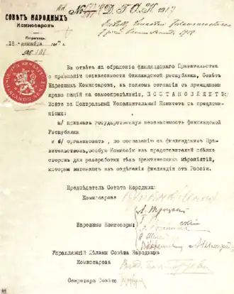 Image 67The decision of the Soviet of the People's Comissars' to recognise Finnish independence, signed by Vladimir Lenin, Leon Trotsky, Grigory Petrovsky, Joseph Stalin, Isaac Steinberg, Vladimir Karelin, and Alexander Schlichter (from History of Finland)