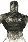 Concept art for Venom's costume, which is a black-white version of Spider-Man's suit, but more muscular and with an open mouth with sharp teeth