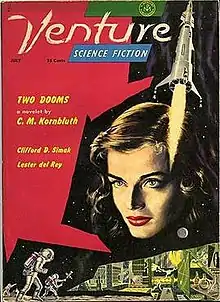 Cover shows a medley of a  young woman's face, a space rocket with fire coming out of its tail, humans in space suits, and experimental lab.