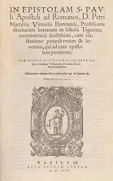 Title page of Vermigli's Romans commentary with printer's mark of woman with lamp and staff, text in Latin