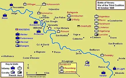 Battle of Verona on 18 October 1805. Vukassovich's position is at the upper left.