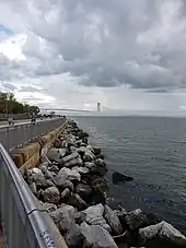 The Verrazzano Bridge on a foggy day, as seen from Shore Road Park and Parkway