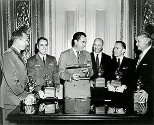 1958 Collier Trophy with (L to R) Walter W. Irwin, Howard C. Johnson, US VP Nixon, Gerhard Neumann, Neil Burgess, Clarence Leonard "Kelly" Johnson