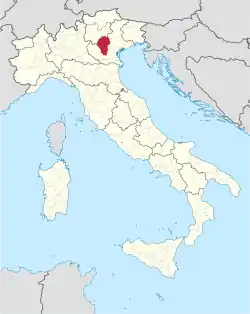 Map highlighting the location of the province of Vicenza in Italy