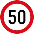 A circular white sign with a red border, with the number "50"