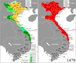 New territory of Đại Việt (dark green) after invasion of Champa in 1471 and invasion of Laos in 1479.