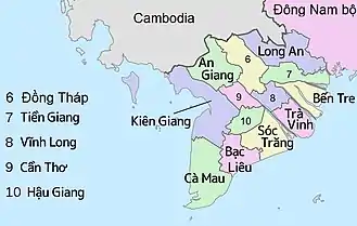 A map of the lower Mekong Delta, demarcated by the various Vietnamese administrative areas. The provinces of Vinh Long and Tra Vinh, situated between the Mekong and Bassac rivers, constitute the northern coastal complex identified by Taylor.