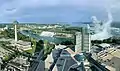 The American Falls (left) and Horseshoe Falls (right) as viewed from the Hilton Niagara Falls Tower 2's 44th floor. The Skylon Tower (left) and Niagara Fallsview Casino Resort (right) are in the foreground.