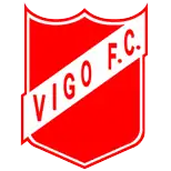 Real Vigo Sporting Club logo, a red sheild with a white stripe running diagonally from the top right to the bottom left. on the stripe in red are the words "VIGO F.C."