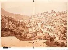 Old engraving of the Factories Valley, topped by the old hospital and the rest of the medieval town.