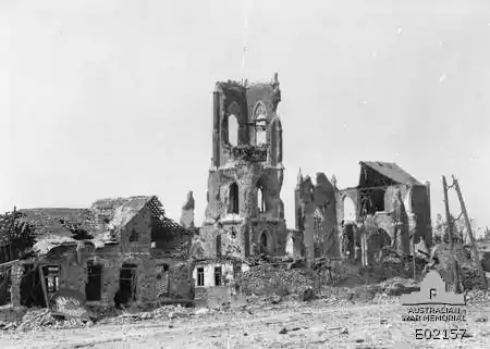 Ruins of the church after the second battle of Villers-Bretonneux in 1918