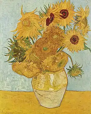 Sunflowers (F456), third version: blue green backgroundOil on canvas, 91 × 72 cmNeue Pinakothek, Munich, Germany