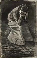 Weeping Woman (F1069, JH325), Black and white chalk, with brush and stumping, brush and black and grey wash, and traces of graphite, over a brush and brown ink underdrawing on ivory wove paper, 1883, Art Institute of Chicago.