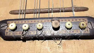 A close-up, showing the bridge and saddle of the Viola da terra.