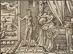 Ceyx/ Morpheus appears to Alcyone, engraving by Virgil Solis for Ovid's Metamorphoses Book XI, 650–749.