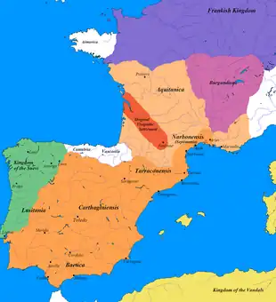 Image 32The greatest extent of the Visigothic Kingdom of Toulouse, c. 500, showing Territory lost after Vouillé in light orange (from History of Spain)