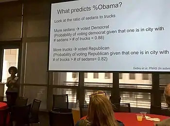 Timnit Gebru talking about replacing the U.S. Census (which costs $1B/year to implement) by simply analyzing the cars seen in Google Street View images. From the AI in Fintech Forum at Stanford ICME (2017).