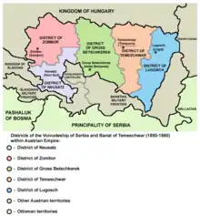 Districts of the Voivodeship of Serbia and Temes Banat (1850-1860).