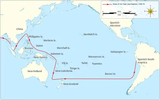 A map of the Indian and Pacific Oceans showing the route of Surville's ship Saint Jean-Baptiste