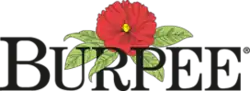 Logo of Burpee Seeds, a flower, surrounded by leaves, above the word "Burpee"