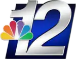 Atop a blue parallelogram, an italic Helvetica numeral "12" is rendered in a gray gradient, with the NBC Peacock logo centered atop the "1".