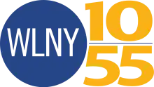 At left, a blue circle with white, thin WLNY lettering inside. Outside the circle is a gold 10 on top of a thin blue line on top of a gold 55.