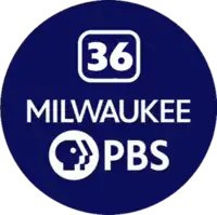 Within a dark blue disk, three lines of text appear, all in white. The first features a number "36" appearing within a curved rectangle, a stylized representation of an older standard-definition television. The second line of text reads "MILWAUKEE" in all capitals, and the third line features the current PBS logomark, with its "Head" element in a circle next to the words "PBS" on the right.