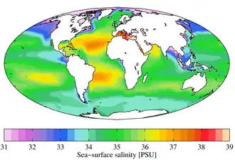 Annual mean sea surface salinity (WOA 2009)