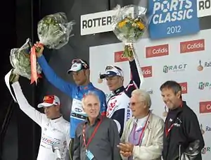 The podium presentation Alexander Kristoff, Tom Boonen, André Greipel, Joop Zoetemelk, Jan Janssen, Roger De Vlaeminck