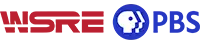 Red letters WSRE in a high-tech style, with counter lines running through some of the letters, next to the PBS logo and letters P B S in blue.