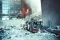 A burnt firetruck next to WTC 7.