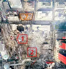 WTC complex and neighboring buildings, on September 23, 2001. Rubble of 3 WTC visible at southwest corner.