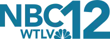 Next to the NBC network logo, a six-feathered, multi-colored peacock, a gray "12", with the 1 higher than the 2. The letters WTLV in a sans serif, also in gray, sit below the 12.