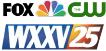 A blue parallelogram with slanted letters W X X V in a flared sans serif next to an orange parallelogram with a numeral 25 in the same typeface but bolded. Above are the logos of Fox, NBC, and The CW.