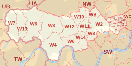 W postcode area map, showing postcode districts, post towns and neighbouring postcode areas.