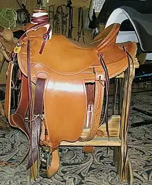 A "Wade" saddle, popular with working ranch buckaroo tradition riders, derived from vaquero saddle designs