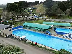 Waingaro hot pools and hydroslide viewed from hotel