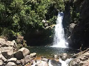 Wainui Falls, at the end of a short walk that begins in Wainui Bay.