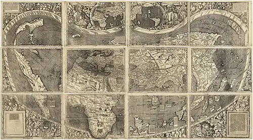 Image 48Universalis Cosmographia, the Waldseemüller wall map dated 1507, depicts the Americas, Africa, Europe, Asia, and the Pacific Ocean separating Asia from the Americas, by the Italian Amerigo Vespucci. (from History of cartography)