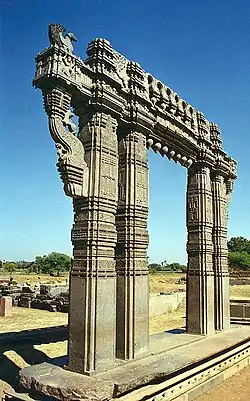 Kakatiya Kala Thoranam (Warangal Gate) built by the Kakatiya dynasty in ruins; one of the many temple complexes destroyed by the Delhi Sultanate.