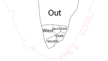 Map of the wards of New York City that were established on December 8, 1683. Five of the six wards were located in what is now the Financial District of Lower Manhattan, while the Out Ward covered the rest of Manhattan. The pink line is the modern shoreline.