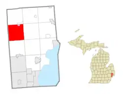 Location within Macomb County (red) and an administered portion of the Romeo village (pink)