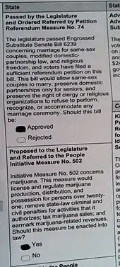 A photo of an election ballot. There are two measures visible in the photo. The first is Referendum 74, a measure that legalized gay marriage in the state of Washington. The second is Initiative 502, a measure that legalized marijuana in the state of Washington. Both measures have their "Yes" bubble filled in.